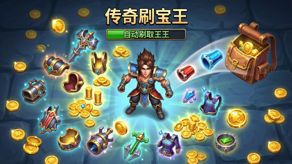 主体:传奇游戏角色脚下散落大量装备与金币,角色头顶显示“传奇刷宝王”自动拾取状态。布局:俯视视角,物品高亮发光。排版:拾取物品自动飞入背包动画。风格:明亮清晰,物品图标精致。细节:金币闪烁,装备品质颜色区分明显。画质:高清渲染,干净无多余元素。