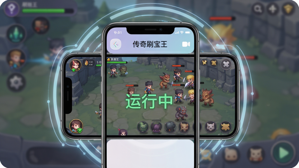 主体:手机屏幕显示传奇刷宝王运行状态,背景为游戏挂机界面,角色正在打怪,画面有绿色“运行中”字样。布局:手机居中,周围有淡淡的科技感光圈。排版:简洁清晰,状态栏高亮。风格:现代感,色彩柔和。细节:界面圆润,图标精致,无多余文字。画质:高清渲染,干净无多余元素。