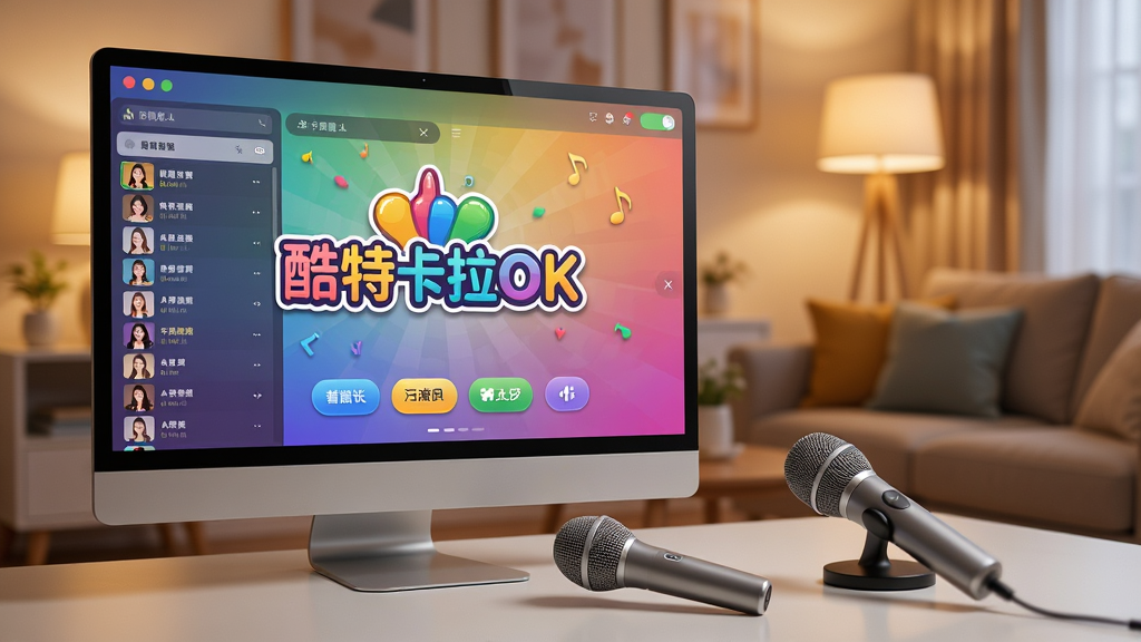 主体:一台现代化的家用电脑屏幕显示酷特卡拉OK点歌界面,界面带有