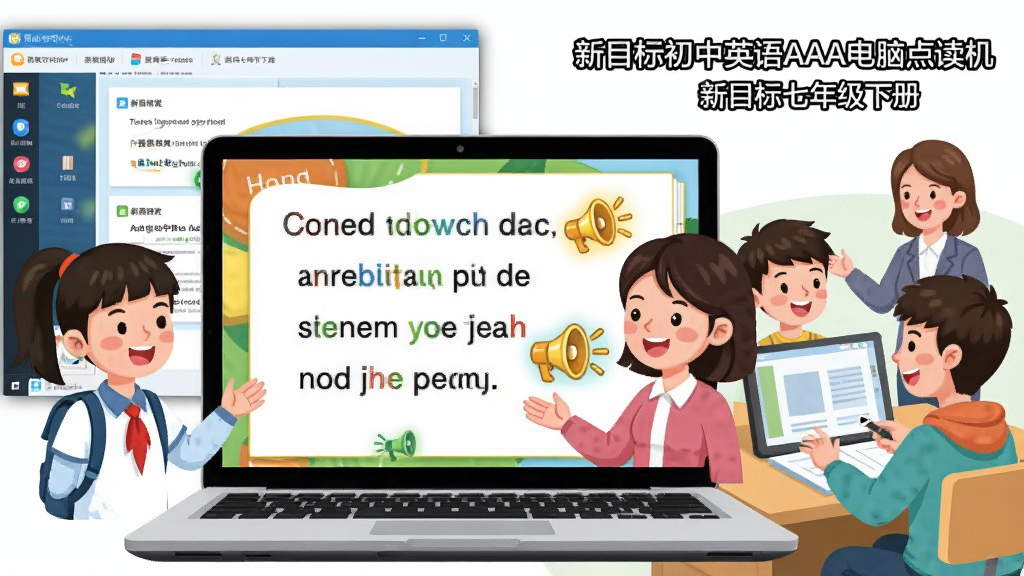 画面主体为一台笔记本电脑,屏幕上显示着色彩鲜艳的英语课本页面,页面上的句子和单词旁边有发光的小喇叭图标。整体布局以电脑为中心,周围环绕着几个卡通人物,如中国学生和美国外教,他们正在开心地对话。画面排版简洁明了,左侧是软件操作界面截图,右侧是学生使用场景的插画。风格为现代教育类插画风格,色彩明亮活泼,细节上突出点读功能,画质清晰,干净无多余元素,文字部分标注