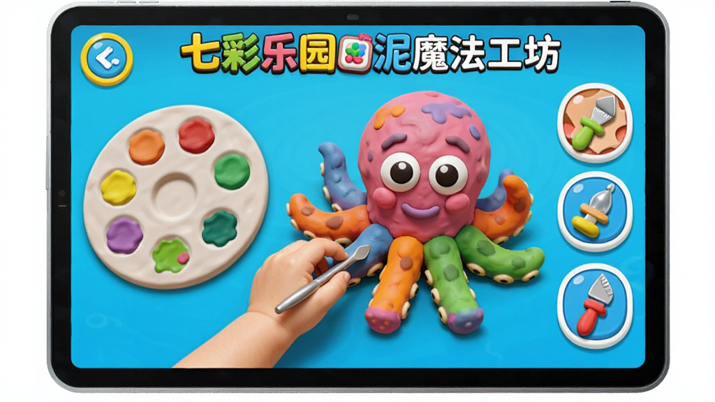 七彩乐园彩泥魔法工坊界面预览图,屏幕中展示孩子正在用虚拟彩泥制作一只彩色小章鱼,旁边有调色盘和各种工具图标,界面布局清晰,色彩鲜艳,画风卡通细腻,画质高清,突出创意手工的乐趣,干净无杂乱元素
