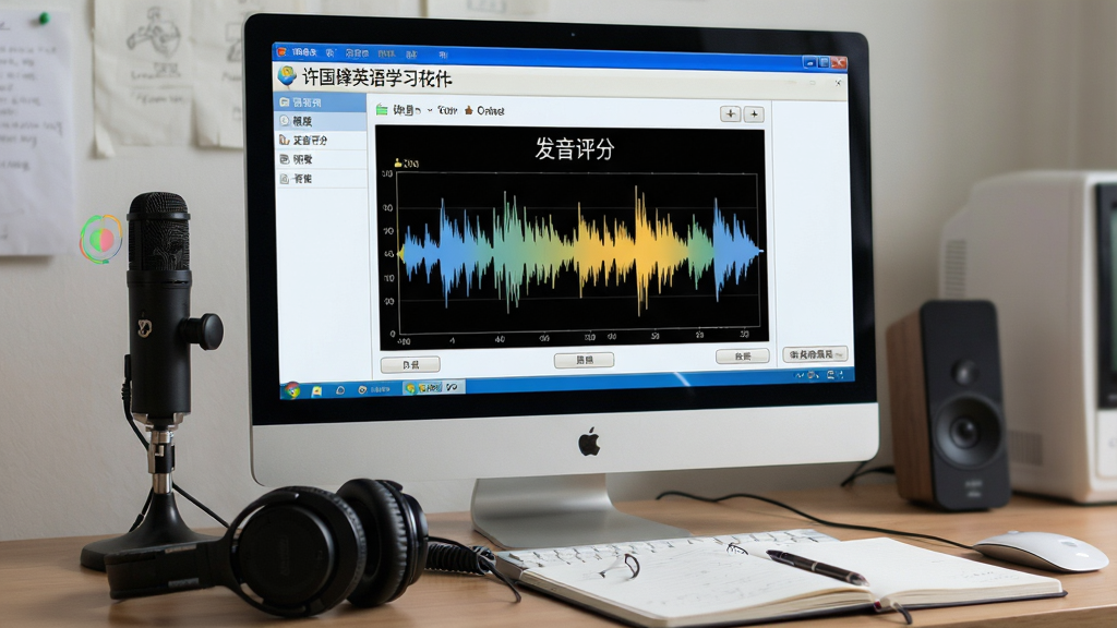 一张电脑屏幕前摆放着耳机和笔记本,屏幕中显示许国璋英语学习软件的跟读评测界面,波形图高亮显示;主体:学习场景;布局:电脑屏幕为主体,外设环绕;排版:屏幕界面清晰展示“发音评分”字样;风格:写实摄影风;细节:强调麦克风输入状态正常;画质:高分辨率,聚焦清晰,无多余元素