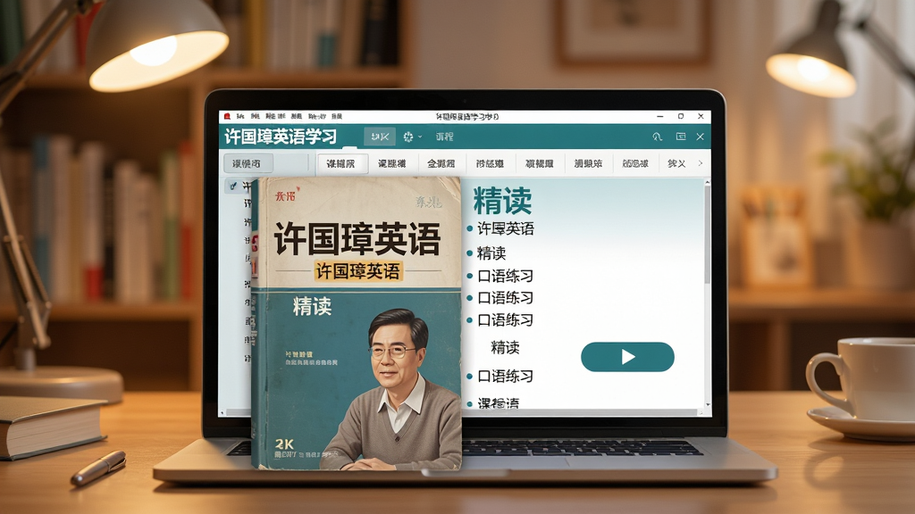 画面中央展示《许国璋英语》实体教材与笔记本电脑屏幕中的许国璋英语学习软件界面交叠,背景为暖色调书房场景,主体:教材与软件界面;布局:中心对称构图,教材置于前景;排版:软件界面显示清晰的课程列表与播放按钮;风格:写实教育风,光线柔和温馨;细节:界面文字突出“许国璋英语”“精读”“口语练习”字样;画质:4K高清,干净无多余元素