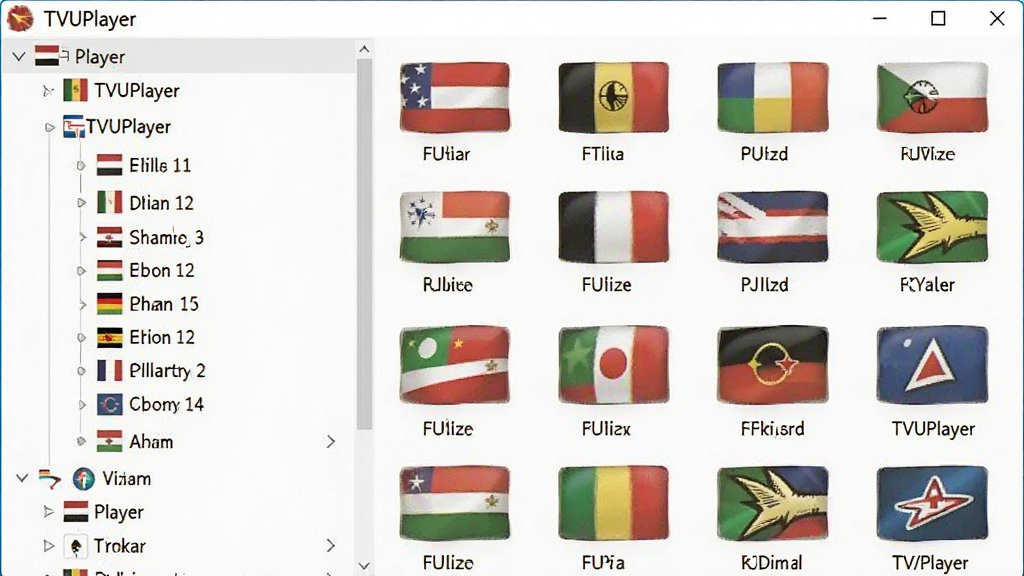 TVUPlayer软件频道列表界面预览图,主体是软件左侧的频道分类树状目录,右侧展示各个国家的国旗和频道名称列表。布局采用左右分栏式,左侧分类清晰,右侧频道图标色彩丰富。整体风格清爽简洁,界面明亮,细节精细,画质清晰干净,无多余元素。
