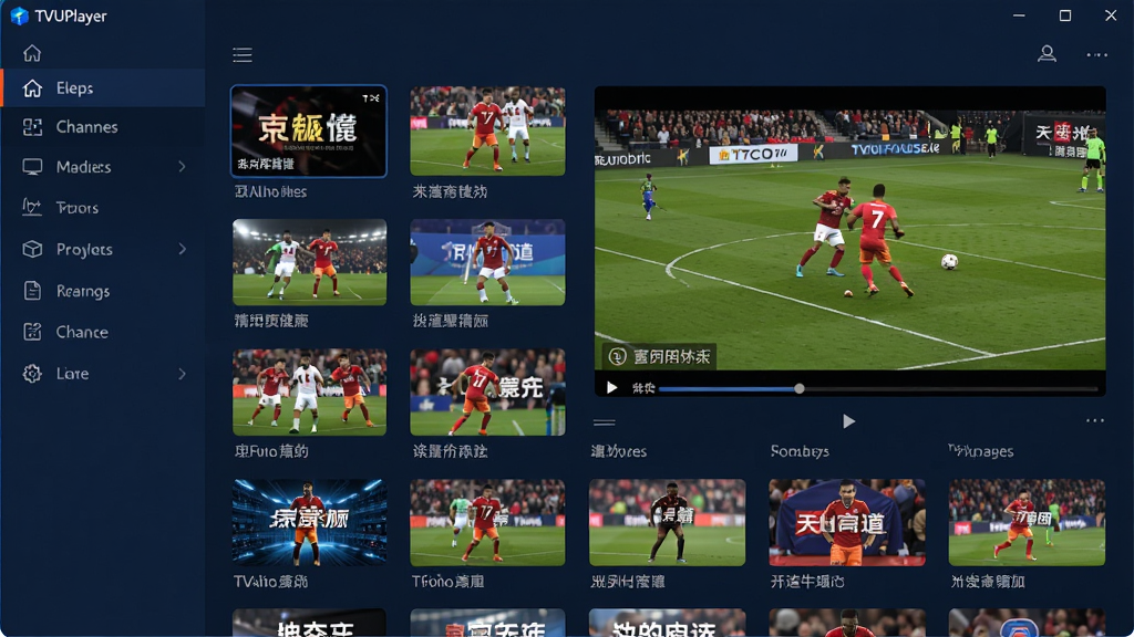 一张展示TVUPlayer软件主界面的高清截图,主体是软件窗口,窗口内排列着整齐的电视节目缩略图列表,布局清晰。界面采用深蓝色主题风格,左侧为频道分类导航栏,右侧为主播放区域,正在播放一个色彩鲜艳的体育赛事画面。整体排版简洁大方,风格现代科技感,细节丰富,画质清晰干净,无多余元素。