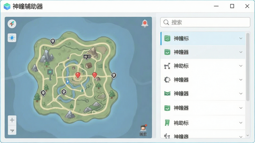 一张展示神瞳辅助器主界面的高清截图,界面风格清新简约,左侧显示地图缩略图,右侧有神瞳标记列表与搜索框,整体UI布局清晰,文字标注“神瞳辅助器”,画质干净,无多余元素。