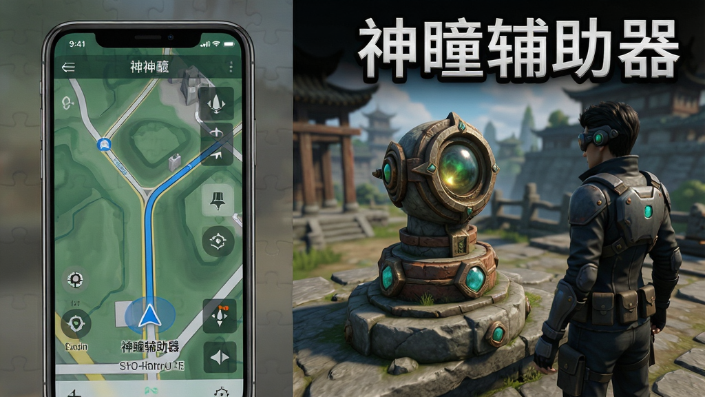 一组使用神瞳辅助器的场景拼图,左侧为手机界面显示地图导航,右侧为游戏画面人物站在神瞳旁,风格写实清晰,文字标注“神瞳辅助器”,画质精细,无多余元素。