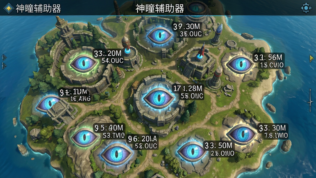 游戏地图上多个发光神瞳标记的俯视截图,每个标记旁有距离与高度数字,界面顶部有“神瞳辅助器”字样,整体风格明亮清晰,画质高清,细节丰富,无多余元素。