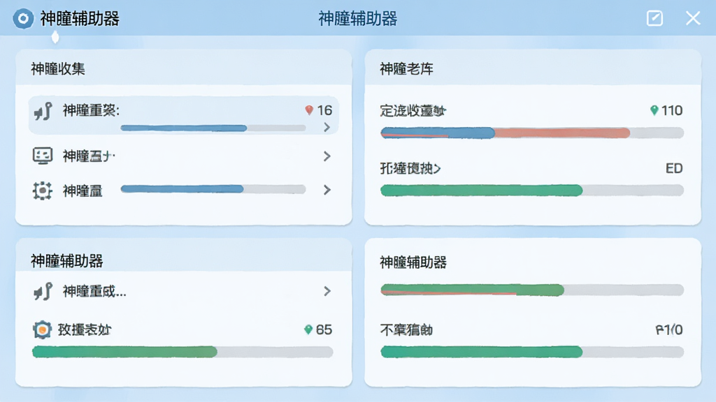 展示神瞳收集进度管理界面的截图,界面包含多个区域列表与进度条,背景为淡蓝色调,清晰标注“神瞳辅助器”名称,视觉风格简洁,画质干净,无多余元素。