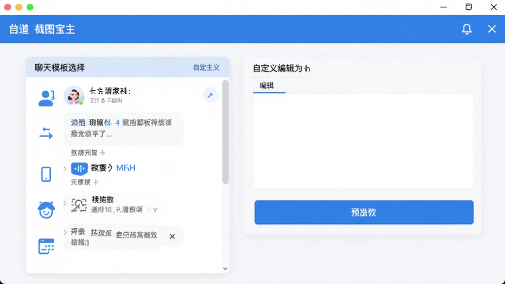 微模拟截图宝主界面预览图,展示软件首页布局,包含聊天模板选择区、自定义编辑区、预览按钮,界面简洁现代,以蓝白色调为主,图标清晰,整体风格清爽干净,高画质,无多余元素
