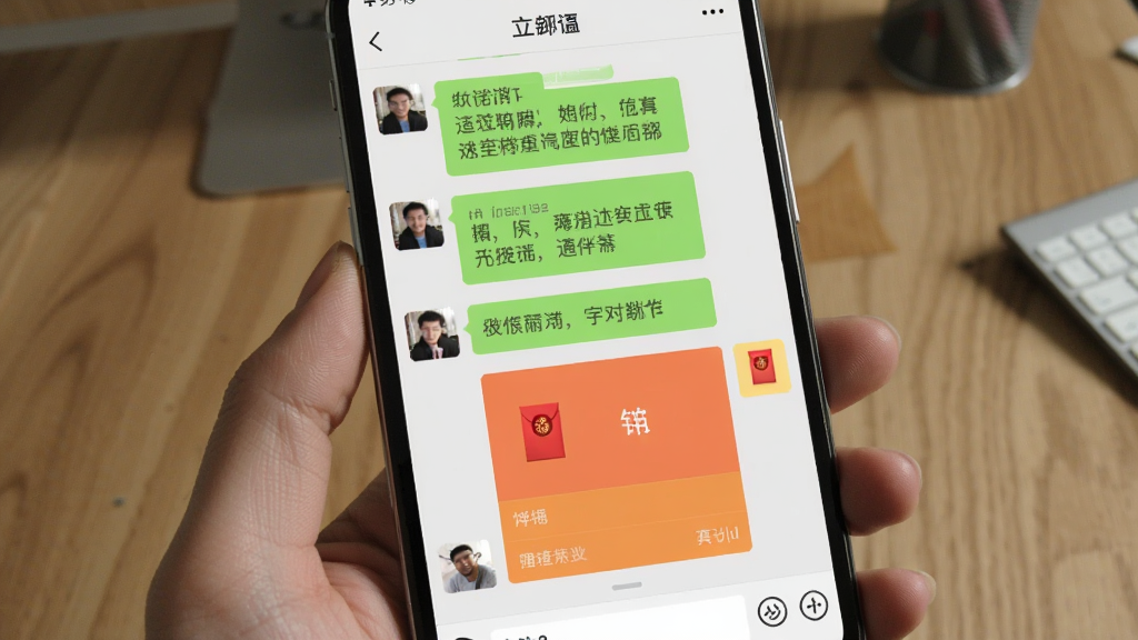微模拟截图宝在手机上运行的预览图,展示软件导出截图的效果,图片为一张微信聊天界面,包含多条消息和红包元素,屏幕清晰,色彩自然,背景为桌面,风格写实,高画质,无多余元素
