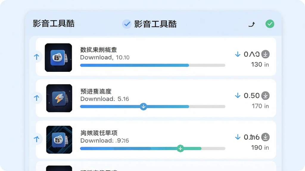 主体为“影音工具酷”的下载管理界面,列表中有多个正在下载的任务进度条。布局为居中卡片式,每个任务显示封面、文件名与网速。风格为清新浅蓝背景,细节包含下载完成通知图标。画质干净无多余元素。