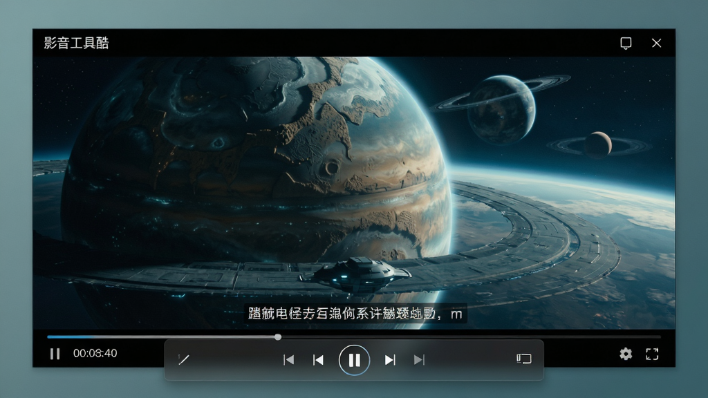 主体为“影音工具酷”播放器正在播放一部科幻电影,画面中星球细节丰富。布局为宽屏全屏模式,底部悬浮半透明控制条。风格为电影感调色,细节包含清晰的字幕与时间显示。画质超清,干净无多余元素。