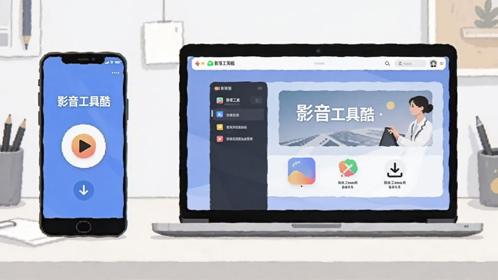 主体为一部智能手机与一台笔记本电脑并排,屏幕上分别显示“影音工具酷”的移动端与桌面端界面。布局为左右对称,背景为简洁的工作台。风格为扁平化插画,细节包含播放按钮与下载箭头图标。画质干净无多余元素。