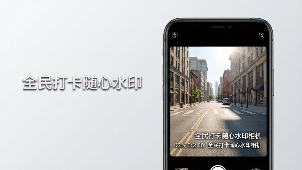 主体:一部正在运行全民打卡随心水印相机的智能手机,屏幕显示一张带有清晰时间、地点、经纬度水印的实拍照片,水印文字为“全民打卡随心水印相机”。布局:手机位于画面中央偏右,屏幕内容为正对镜头,左侧留白可放置文字。排版:手机屏幕占比约60%,水印文字清晰可读,背景为简洁的浅灰色渐变。风格:现代科技感,干净明亮,偏真实摄影风格。细节:手机外壳为深空灰,屏幕中照片是一处城市街景,阳光明媚,水印覆盖在照片右下角,字体为白色半透明带阴影。画质:8K超高清,细节丰富,光影自然,干净无多余元素。