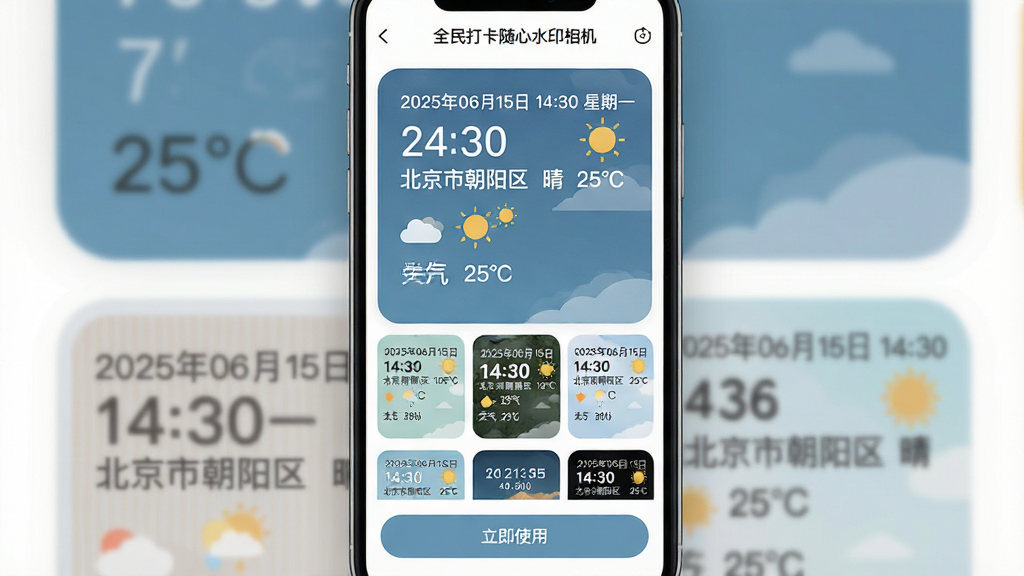 主体:全民打卡随心水印相机的水印模板选择界面,手机屏幕上展示多款不同风格的水印缩略图,其中一款被放大预览,显示具体时间、地点、天气信息。布局:手机竖屏居中,界面上下排列,下方有“立即使用”按钮。排版:模板以网格形式展示,当前选中的模板放大显示在顶部。风格:清新简洁,色彩柔和,偏扁平化设计。细节:水印文字为“2025年06月15日 14:30 星期一 北京市朝阳区 晴 25℃”,字体清晰。画质:高分辨率,界面元素边缘锐利,干净无多余元素。
