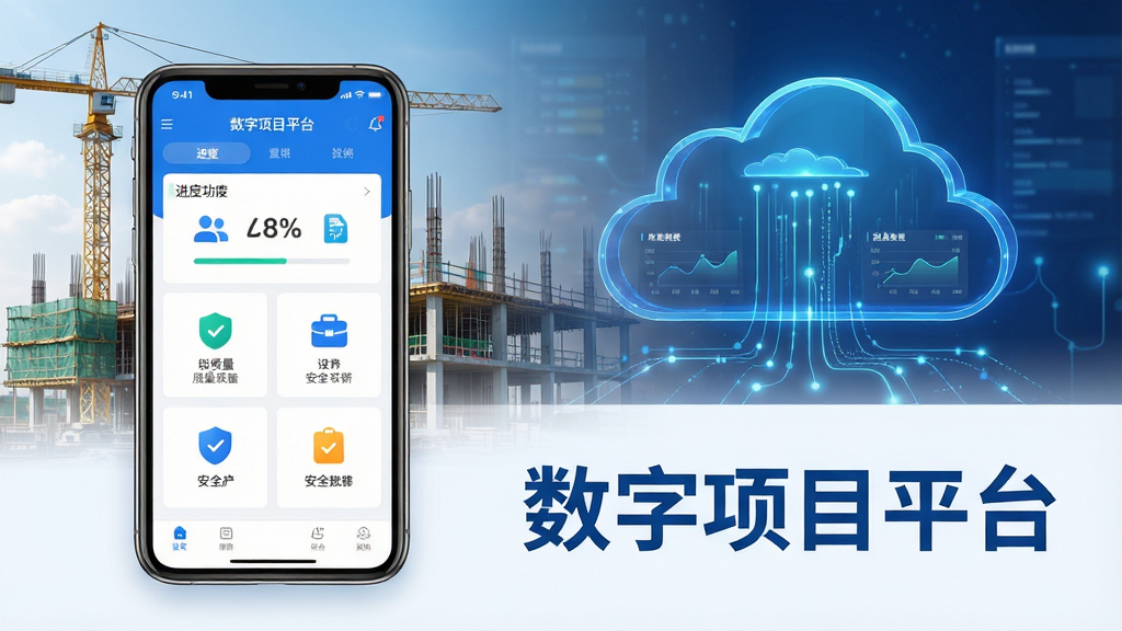 主体:数字项目平台软件界面展示,背景为现代建筑工地与数字化云端图形融合;布局:左侧为手机屏幕截图展示软件功能模块,右侧为云端数据流与图表;排版:简洁大气,突出