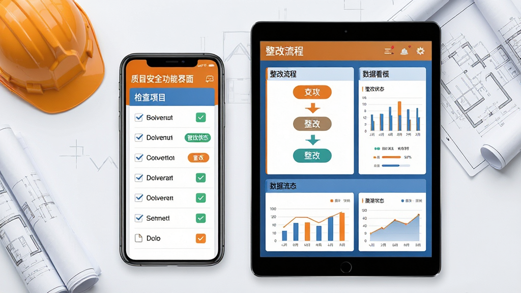 主体:数字项目平台质量安全功能界面,手机与平板并排显示;布局:屏幕展示检查清单、整改流程与数据看板,周围配以安全帽、施工图纸等元素;排版:左右对称,手机为主,平板为辅;风格:写实与扁平结合,主色橙蓝搭配;细节:检查项打钩、整改状态标签、图表统计;画质:高分辨率,整洁无杂物