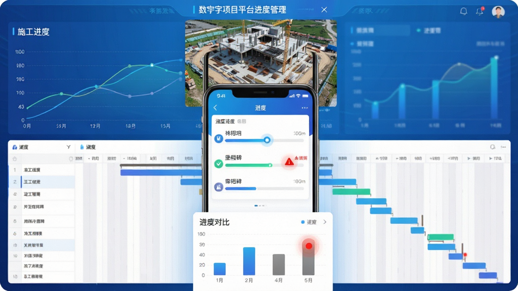 主体:数字项目平台进度管理界面,背景为施工进度曲线与横道图;布局:中央展示手机APP进度页面,上方为航拍工地全景,下方为进度对比图表;排版:纵向构图,层次分明;风格:科技蓝渐变,数据可视化风格;细节:进度条、里程碑图标、预警红点;画质:清晰,无多余元素