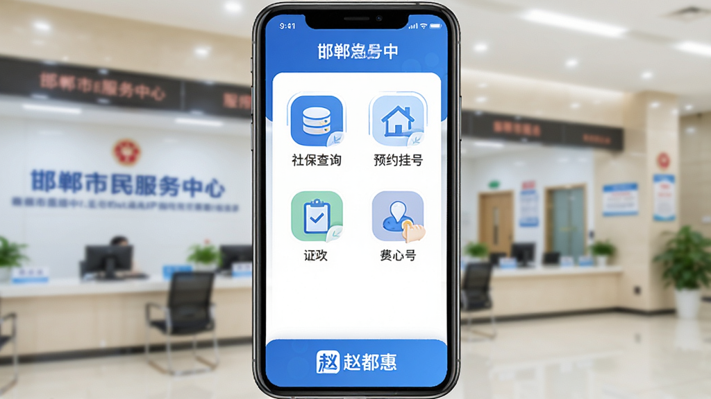 赵都惠APP政务办事功能界面截图风格,手机屏幕内展示社保查询与预约挂号等菜单图标,下方有“赵都惠”品牌标识,背景虚化的邯郸市民服务中心大厅,明亮整洁,界面设计清爽,蓝色主调,高画质,干净无多余元素