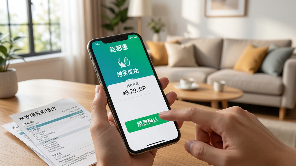 赵都惠APP缴费功能使用场景,用户手指点击手机屏幕上的缴费确认按钮,屏幕显示缴费成功与金额,桌上放有水电费账单,背景为温馨的现代家居客厅,自然光线,界面带有“赵都惠”字样,手机摄影风格,细节清晰,高画质,无多余元素