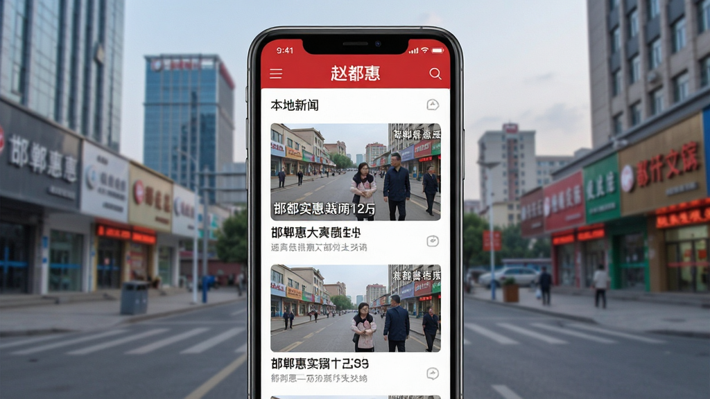 赵都惠APP新闻资讯频道界面,手机屏幕展示本地新闻列表,配有邯郸实拍新闻图片,顶部导航有“赵都惠”字样,背景为邯郸城市街景,现代感与生活气息并重,界面设计简洁,红白配色点缀,高画质,干净无多余元素