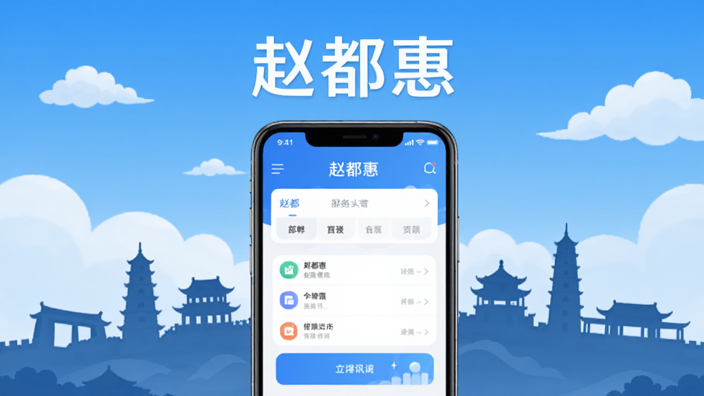 赵都惠城市服务平台主视觉,画面中央是一部智能手机屏幕显示赵都惠APP首页,上方有“赵都惠”中文字样,背景为邯郸地标建筑丛台公园剪影与蓝天白云,整体色调清新蓝白,界面布局简洁现代,扁平化风格,高画质,干净无多余元素