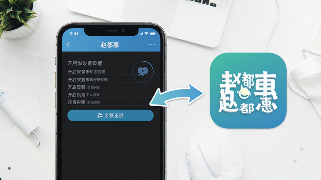 赵都惠APP使用教程插图,手机屏幕展示设置中开启安装未知应用权限界面,旁边有“赵都惠”图标,背景为简洁桌面,配有操作步骤标注箭头,风格清新简洁,高画质,干净无多余元素