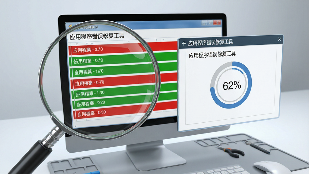 一个高清屏幕截图风格的立体展示图片,前景是一个放大镜正在扫描电脑屏幕,屏幕内显示着红绿相间的错误列表项,并标有“应用程序错误修复工具”的扫描界面,界面中有一个圆形进度条显示62%。布局为左侧放大镜、右侧悬浮屏幕,背景为渐变的浅灰色工作台,风格为写实与UI结合,画面干净明亮,细节丰富,无多余元素。