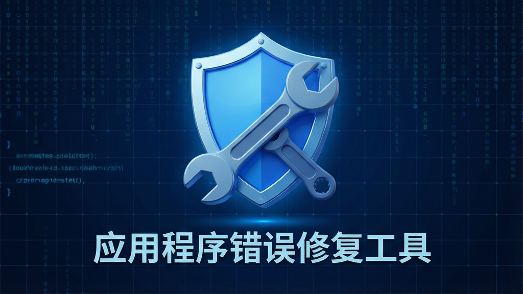 一幅现代科技感的三维渲染图片,画面中央悬浮着一个发光的蓝色盾牌与扳手交叉的立体图标,图标下方带有“应用程序错误修复工具”的文字标识。背景为深蓝色科技网格与若隐若现的代码雨,整体布局对称,主体居中,风格偏向扁平化与科技感结合,细节上突出盾牌表面的金属光泽与扳手的塑料质感,画质清晰干净,无多余元素。