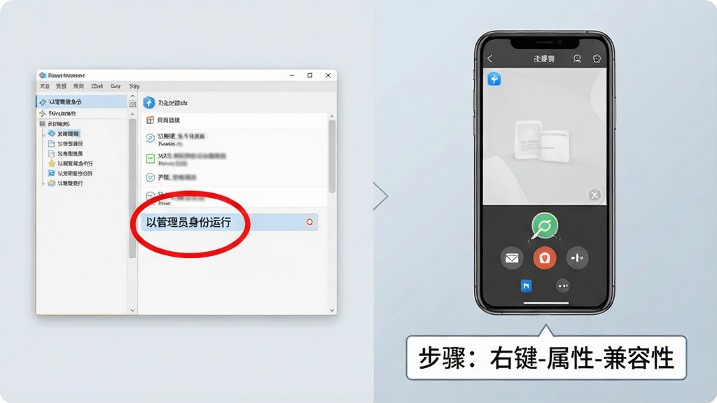 一幅分步操作的教学插图,画面左侧是电脑端软件主界面截图,上面用红色圆圈标注了“以管理员身份运行”选项;右侧是手机端远程控制界面示意图,下方配有“步骤:右键-属性-兼容性”的文字说明框。整体布局左右分栏,风格为简洁明了的信息图,背景为浅灰蓝渐变,画质干净,突出操作要点,无多余元素。