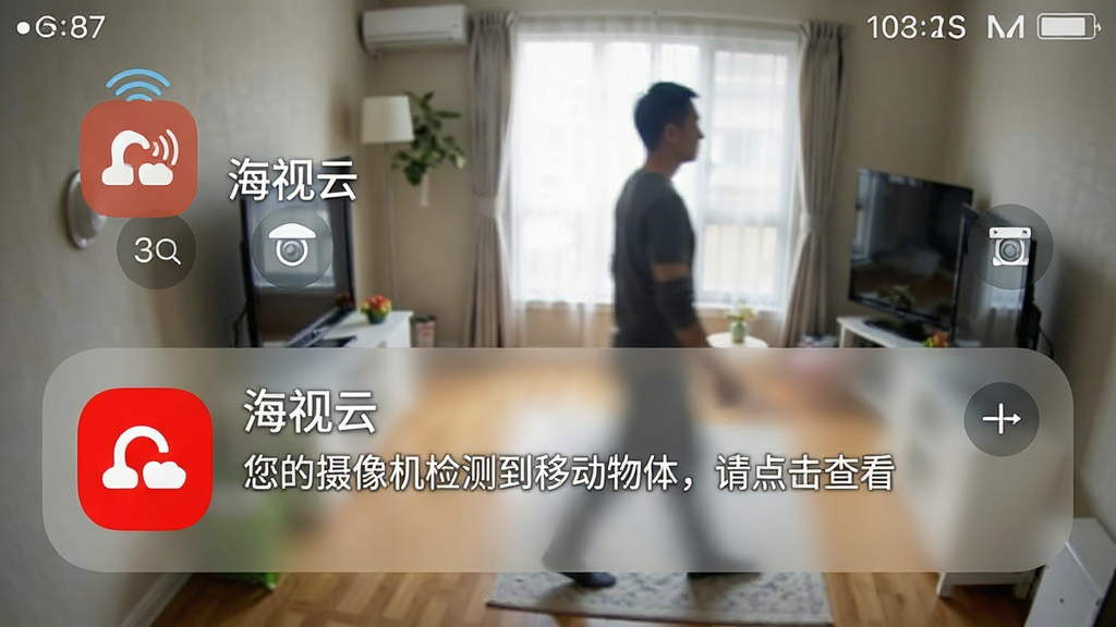 一张展示海视云智能报警功能的界面截图,手机通知栏显示来自海视云的报警消息提醒,内容包含“您的摄像机检测到移动物体,请点击查看”字样,背景为模拟的家庭监控画面,有一人影走过,画面风格写实,通知栏图标醒目,整体色调明亮,突出报警推送的及时性与直观性,画质干净,无多余元素