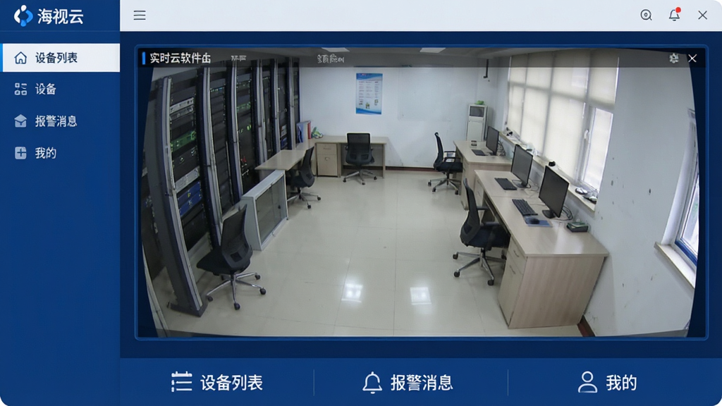 一张展示海视云软件主界面的高清截图,画面中央为实时监控视频预览窗口,界面下方有清晰的“设备列表”、“报警消息”、“我的”等导航按钮,整体色调以深蓝色和白色为主,风格简洁现代,图标线条流畅,布局规整,强调软件的专业性与易用性,画质干净,无多余元素