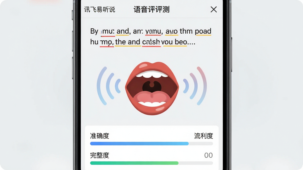画面主体为“讯飞易听说”软件内的语音评测结果界面,背景为浅灰色手机界面截图风格。屏幕上方显示一段英文句子,句中部分单词下方标有红色与黄色下划线。屏幕中间有一个大大的拟人化嘴巴图标,正做出夸张的发音口型,嘴巴周围有音波图形向外扩散。屏幕下方展示四个评分维度进度条,并配有“准确度”、“流利度”、“完整度”文字标签。整体风格简洁清晰,色彩明亮,画质干净,突出智能纠音功能,无多余元素。