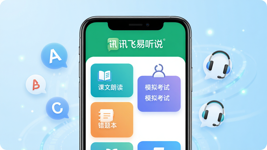 主体为一部智能手机屏幕占据画面中央,屏幕内清晰显示“讯飞易听说”应用主界面,界面顶部有绿色与白色相间的品牌标识,下方错落有致地排列着“课文朗读”、“模拟考试”、“错题本”等彩色功能卡片。手机两侧悬浮着代表英语学习的字母气泡与耳机图标。背景采用渐变浅蓝色,营造科技感与教育氛围。整体排版干净整洁,以手机产品图为主体,四周留白,画质高清,细节丰富,风格现代简约,无多余元素。