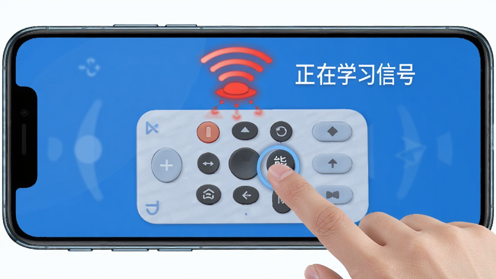 一张演示万能遥控一点通按键学习功能的界面示意图,手机屏幕中央有一个虚拟遥控器面板,用户手指正点击一个自定义按键,屏幕上方有红外发射的动画效果,旁边配有文字提示“正在学习信号”,整体布局清晰,采用蓝色主题,画质清晰,干净无多余元素