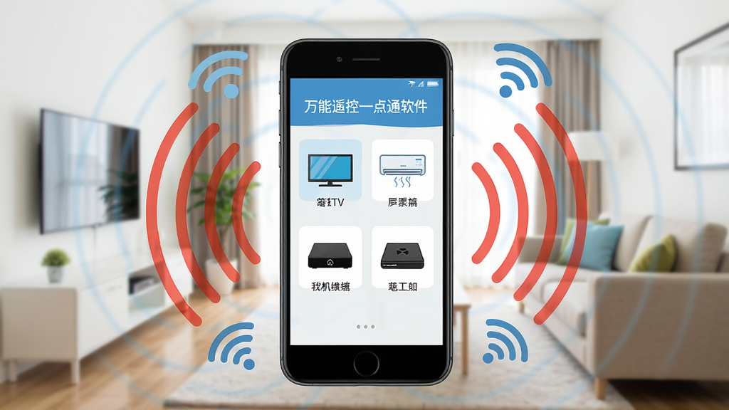 一张展示万能遥控一点通软件主界面的高清截图,界面中央是一部智能手机,屏幕上显示着电视、空调、机顶盒等多个家电的图标,手机周围环绕着虚拟的红外信号波纹和WiFi连接符号,背景为明亮的现代客厅环境,布局清晰,采用扁平化设计风格,细节丰富,画质清晰干净无多余元素