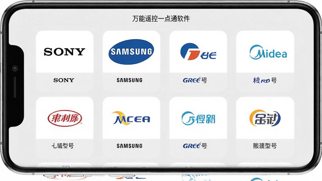展示万能遥控一点通软件中品牌选择界面的设计图,手机屏幕中排列着各种家电品牌Logo,包括索尼、三星、格力、美的等,每个Logo下方有对应的型号条目,界面采用列表布局,背景为浅灰色,风格简约,细节清晰,画质干净无多余元素