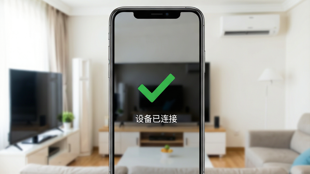 一张展示万能遥控一点通软件红外连接成功界面的图片,手机屏幕中央显示一个绿色的对勾图标,下方有“设备已连接”的文字,背景为模糊的客厅环境,有电视和空调,风格明亮,画质清晰干净,无多余元素