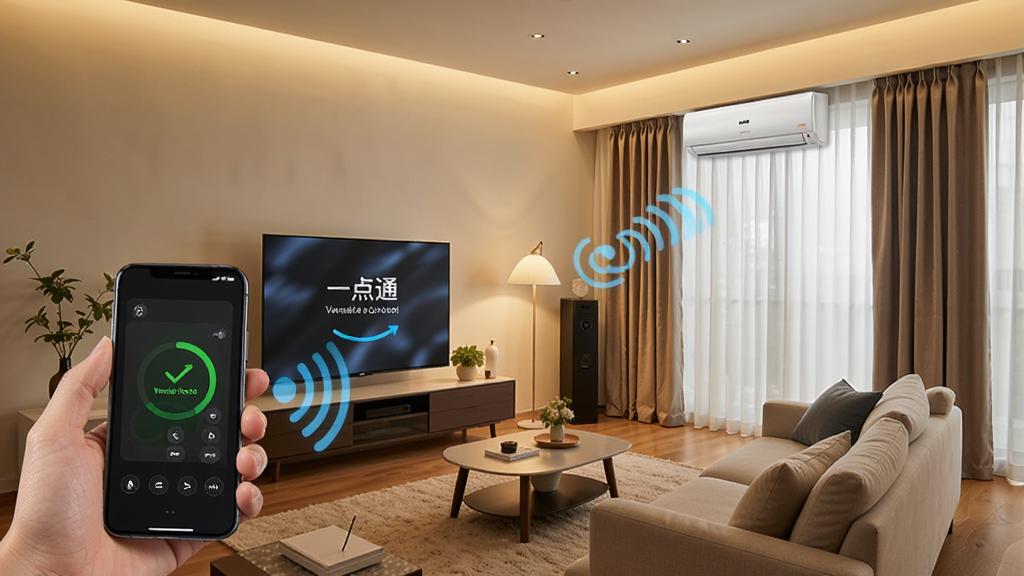 一张展示万能遥控一点通WiFi连接功能的场景图,画面中一部手机通过无线信号与客厅中的智能电视、空调和窗帘电机连接,屏幕上显示连接成功的状态,背景为现代简约家居,布局具有空间感,采用暖色调,细节丰富,画质清晰干净