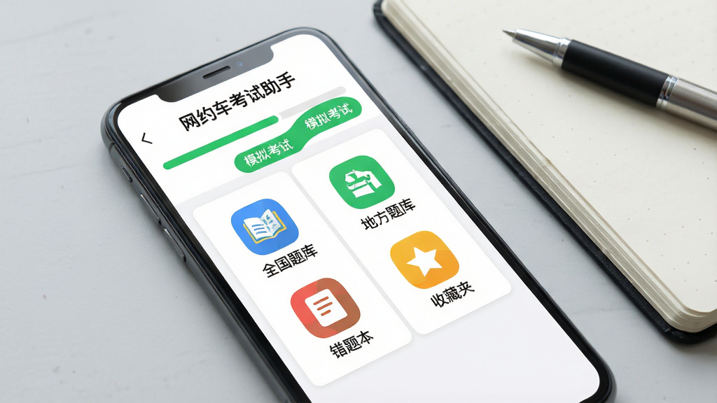 一张手机屏幕特写,屏幕中显示“网约车考试助手”APP界面,界面顶部有绿色进度条和“模拟考试”按钮,下方列出“全国题库”、“地方题库”、“错题本”、“收藏夹”四个彩色图标,背景是浅灰色桌面,桌面干净整洁,手机旁边放着一本打开的笔记本和一支笔,整体风格写实清晰,画质高清,无多余元素