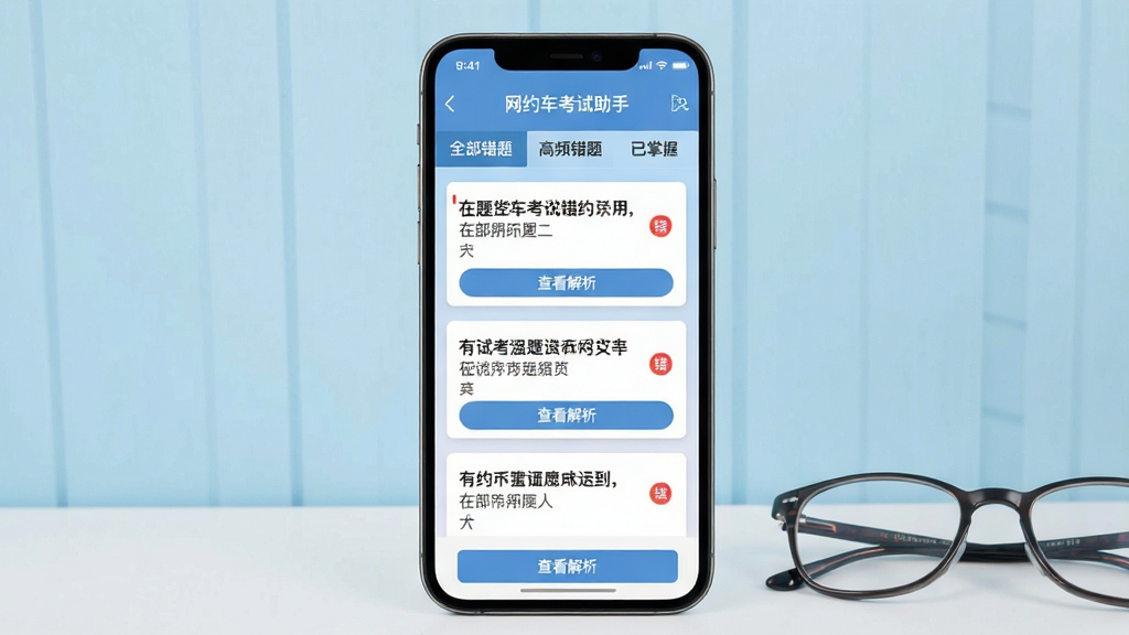 一张手机屏幕截图,屏幕中显示“网约车考试助手”错题本界面,页面顶部有“全部错题”、“高频错题”、“已掌握”三个标签,中间列出三道错题卡片,每张卡片上显示题目内容与红色错误标记,下方有“查看解析”按钮,背景是淡蓝色渐变墙纸,手机旁边放着一副眼镜,整体风格清爽,画质细腻,无多余元素