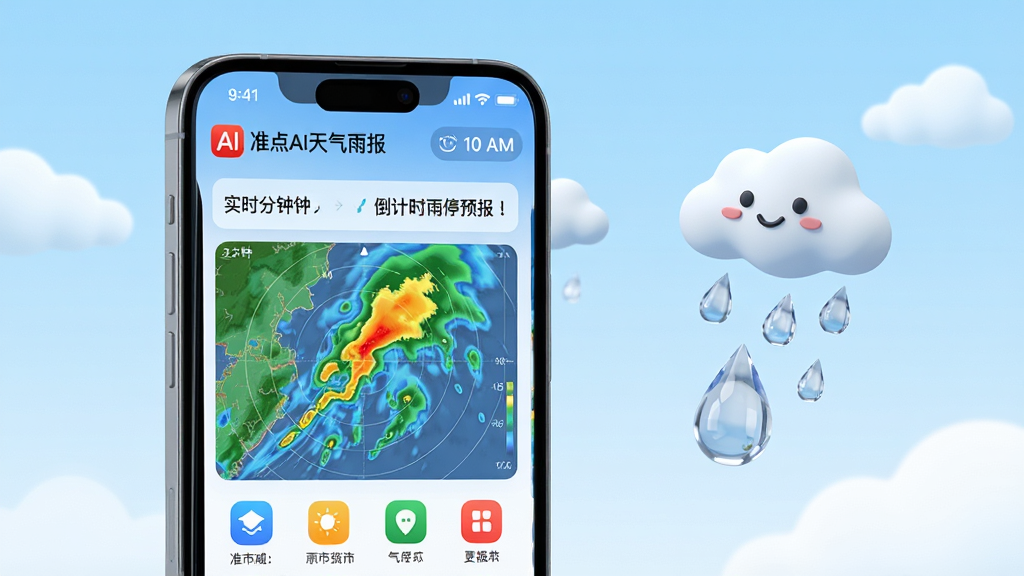 主体:一部亮屏的智能手机,屏幕中央展示“准点AI天气雨报”App主界面,界面显示实时分钟级降雨雷达图与倒计时雨停预报卡片。布局:手机居中偏左,右侧悬浮着云朵和雨滴的3D卡通图标,整体画面平衡。排版:手机界面UI清晰,包含顶部城市名与时间,中部彩色雷达图层,底部多个功能图标。风格:现代扁平结合微拟物,色彩清新明快,背景为淡蓝色渐变天空,点缀几朵白云。细节:屏幕中可见“准点AI天气雨报”红色Logo,雷达图上有动态雨带移动轨迹,雨滴图标晶莹剔透。画质:8K超高清渲染,干净无多余元素。