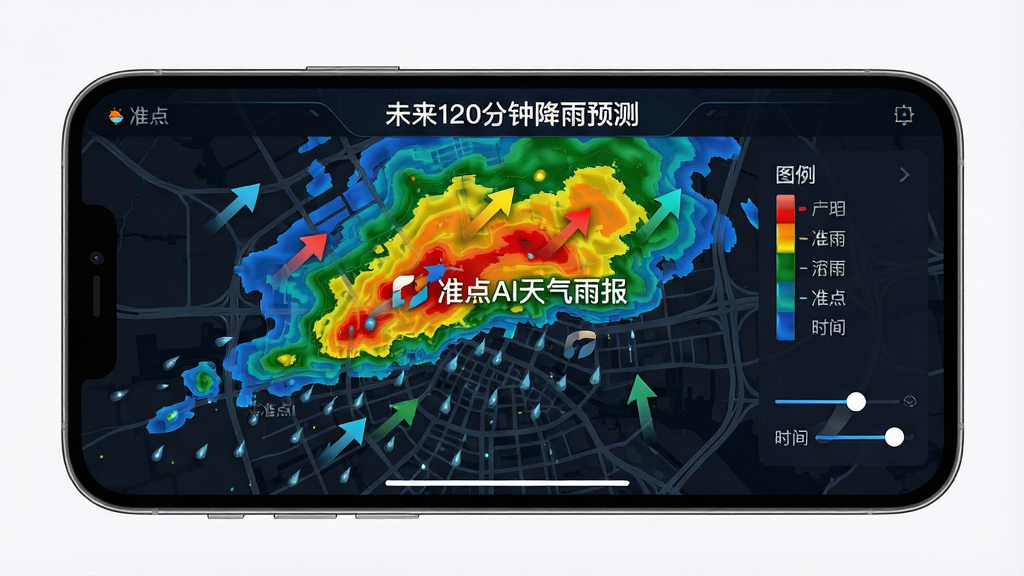 主体:手机横屏展示“准点AI天气雨报”的降雨雷达动态界面,雷达地图上覆盖红黄蓝绿多层雨区色块。布局:地图中心为城市街道轮廓,右侧有图例说明与时间滑动条。排版:雨区动画显示移动方向箭头,顶部显示“未来120分钟降雨预测”字样。风格:科技感UI设计,深色背景配高亮彩色数据,字体清晰。细节:地图上标注“准点AI天气雨报”水印,雨滴粒子特效在雨区飘落。画质:超清渲染,色彩饱和,干净无多余元素。