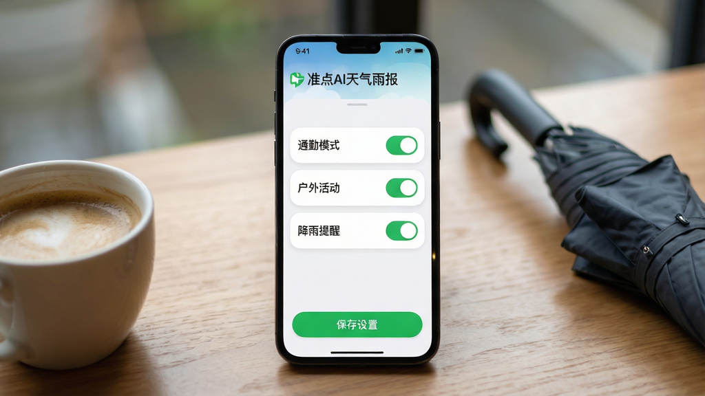 主体:一张桌面截图,手机屏幕显示“准点AI天气雨报”的提醒设置页面,包含“通勤模式”、“户外活动”、“降雨提醒”三个开关,全部处于开启状态。布局:手机置于木质桌面,旁边放着一杯咖啡与雨伞,背景虚化。排版:界面采用圆角卡片式,开关为绿色,文字清晰。风格:生活化场景,自然光,浅景深。细节:屏幕顶部显示“准点AI天气雨报”Logo,页面底部有“保存设置”按钮。画质:高清摄影级质感,干净无多余元素。