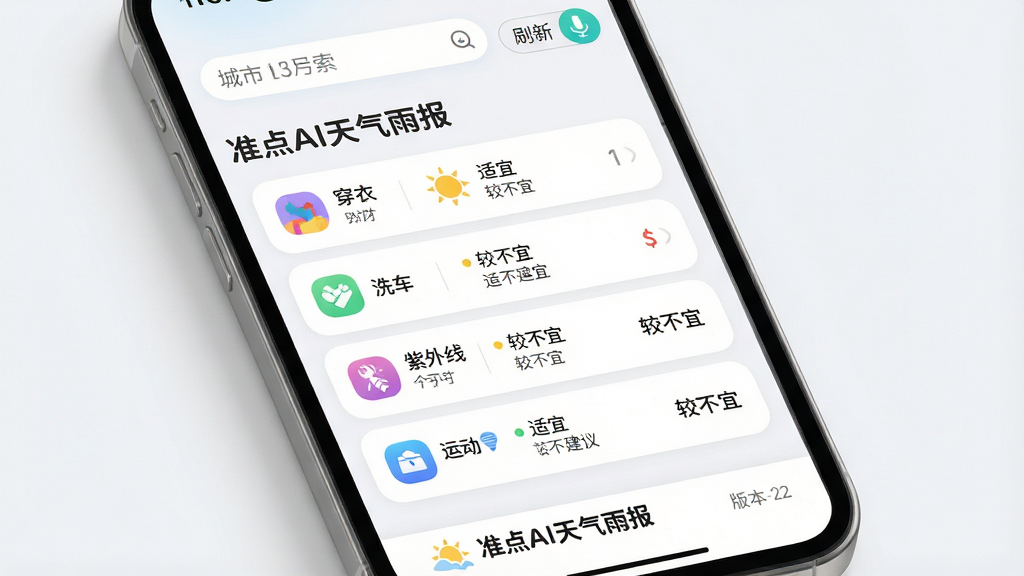 主体:手机App界面展示“准点AI天气雨报”的生活指数页,列表显示穿衣、洗车、紫外线、运动等指数,每个指数旁有彩色图标与建议文字。布局:竖向列表式排版,背景为干净浅色,顶部有城市切换与刷新按钮。排版:每一行左侧为指数名称与等级,右侧为简要建议,如“适宜”、“较不宜”。风格:清新简约,圆角卡片设计,字体圆润。细节:界面底部有“准点AI天气雨报”Logo与版本号,头部搜索栏支持语音输入。画质:柔和光线,高分辨率,干净无多余元素。