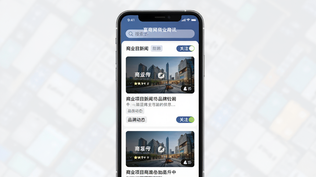 赢商网商业地产资讯平台界面预览,主体为智能手机展示APP首页,顶部搜索栏,下方信息流卡片展示商业项目新闻与品牌动态,布局清晰,排版专业,扁平化设计风格,细节包括图文混排、关注按钮和标签,画质高清干净,无多余元素