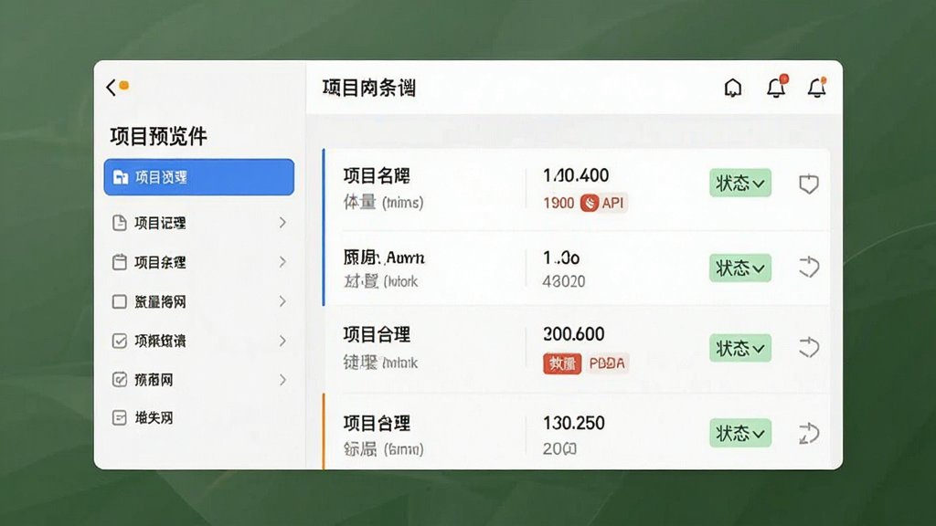 赢商网功能预览图,主体为APP数据列表界面,展示商业项目筛选条件与结果列表,布局为左右分栏,左侧筛选菜单右侧列表,排版整洁,风格现代简约,细节包含项目名称、体量、状态标签,画质清晰干净,无多余元素