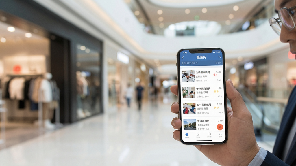赢商网手机使用场景图,主体为商业人士手持手机查看赢商网APP,背景为模糊的现代购物中心内部,构图采用三分法,排版自然,风格真实摄影,细节包括屏幕显示资讯列表和专注神情,画质高清干净,无多余元素