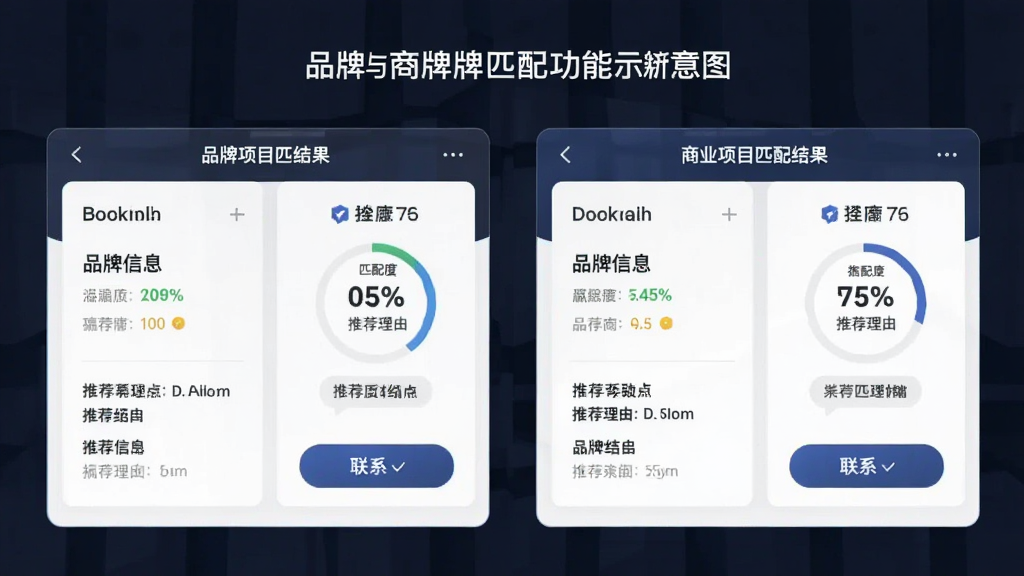 赢商网品牌匹配功能示意图,主体为APP内品牌与商业项目匹配结果页面,左右卡片式布局展示品牌信息和匹配度百分比,排版清晰直观,风格商务大气,细节包含推荐理由与联系按钮,画质高清干净,无多余元素